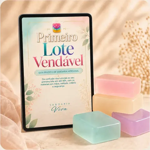 E-book Primeiro Lote Vendável ao lado de sabonetes artesanais translúcidos